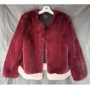 Saks Fifth Avenue Faux Fur Coat Burgundy White Women M/L Plush Winter Jacket
